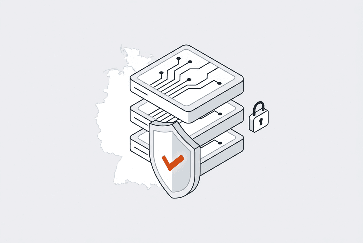 Serverstapel mit Schutzschild und Deutschland-Umriss, Hosting und Datensicherheit in Deutschland